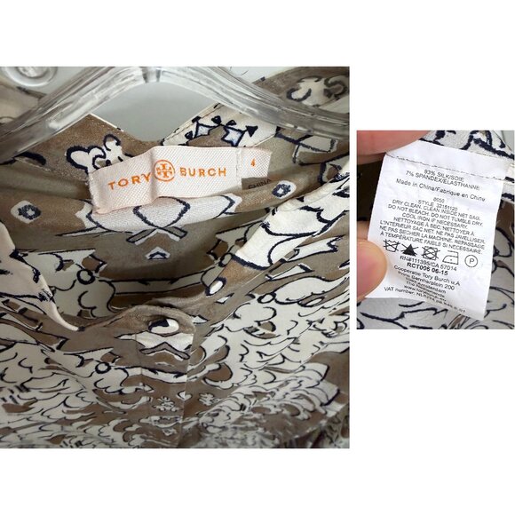 Tory Burch Wheat Nocturne Print Silk Blouse Top Floral Taupe White Bow Tie 4 - Picture 3 of 16